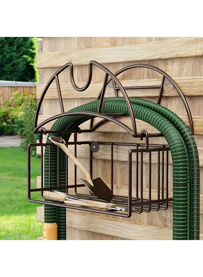 Heavy Duty Metal Garden Hose Holder Wall Mounted With Tool Storage Basket Black - Image 1